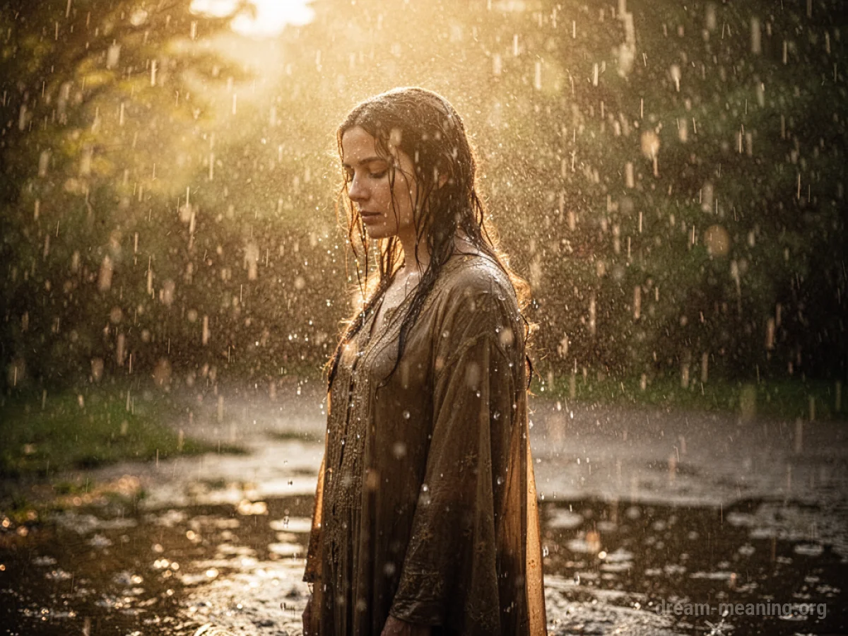 A glowing aura surrounds a person standing in soft rain.