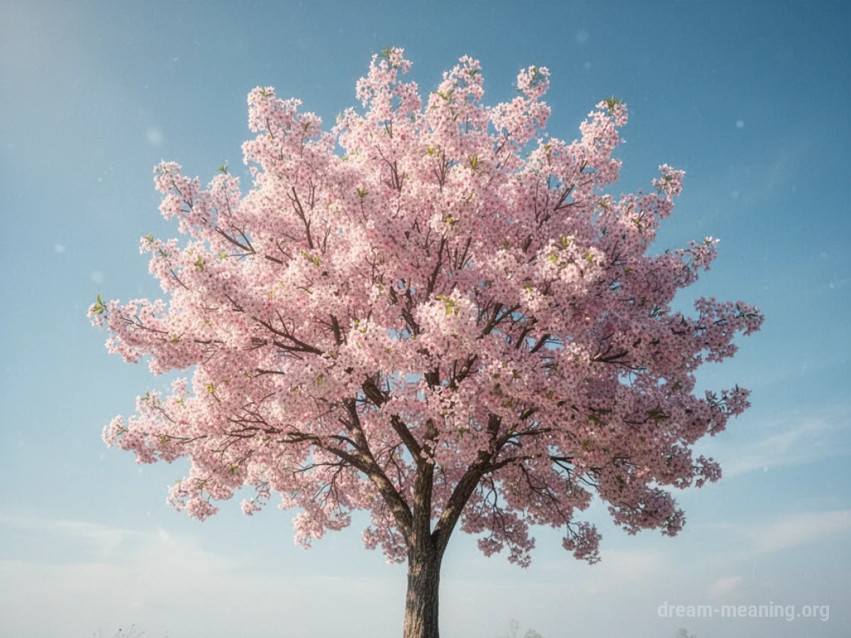 A tree with abundant pink blossoms under a bright sky.