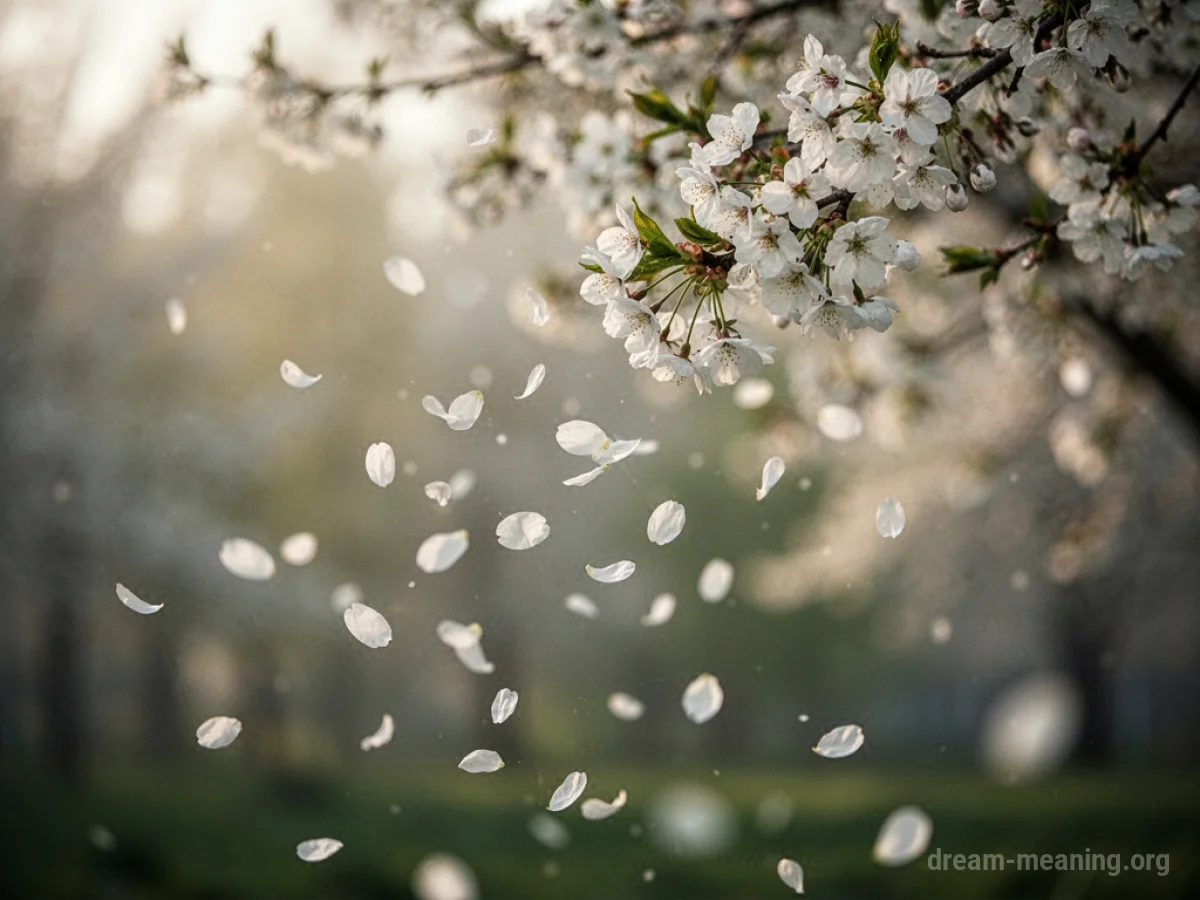 White flower petals drifting down from tree branches.
