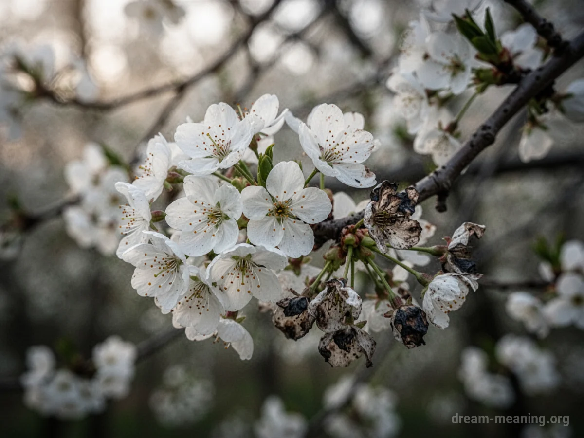 A tree branch with white blossoms, some of which are visibly darkening.