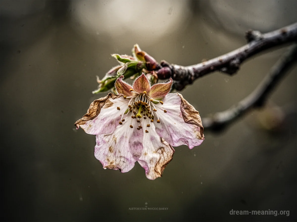 A single wilted flower on a tree branch.