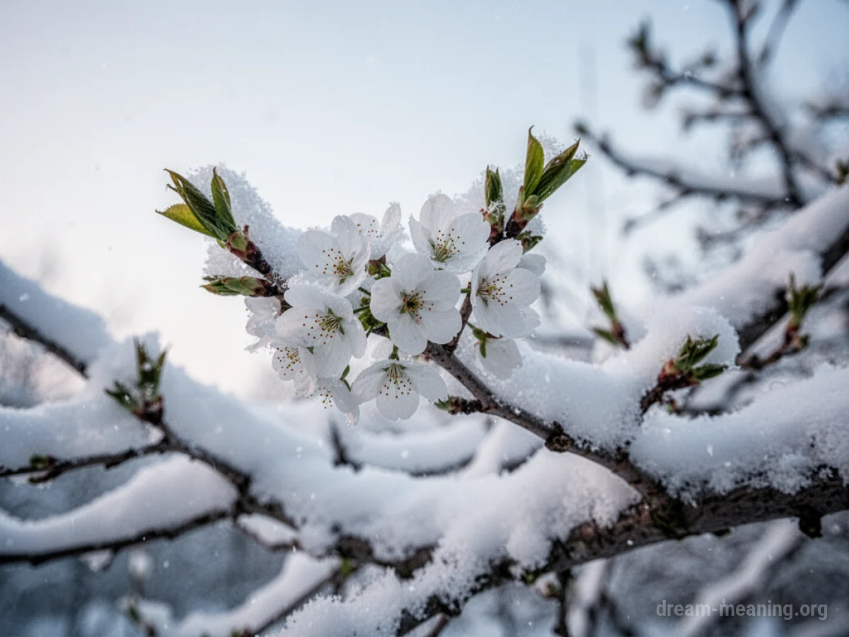 White blossoms on snow-covered branches.