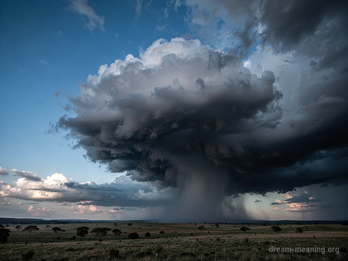 A dark storm cloud rapidly encroaching on a bright blue sky.