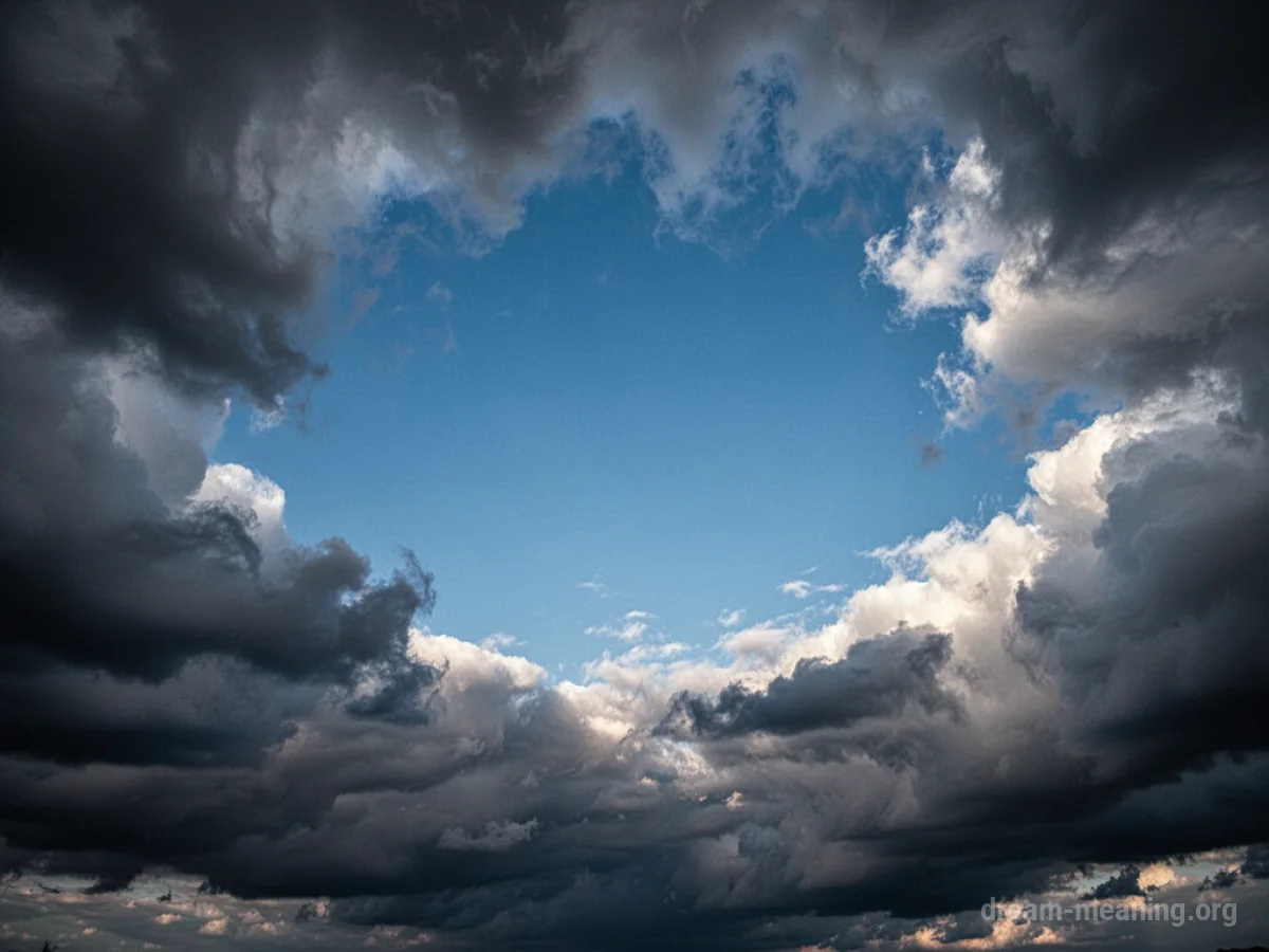 Dark clouds are covering a bright blue sky.