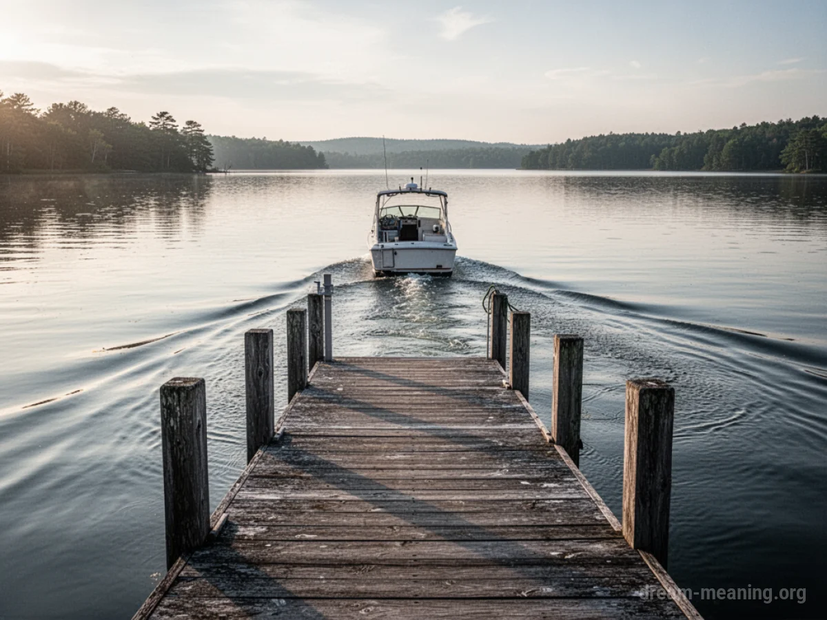 A boat moving away from a dock on the water.