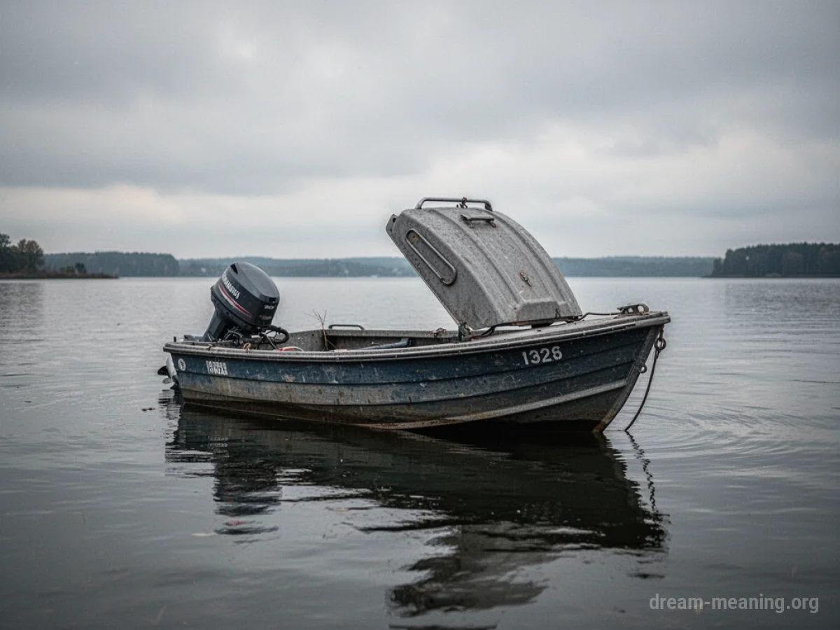 A boat with its engine exposed sitting on the water.