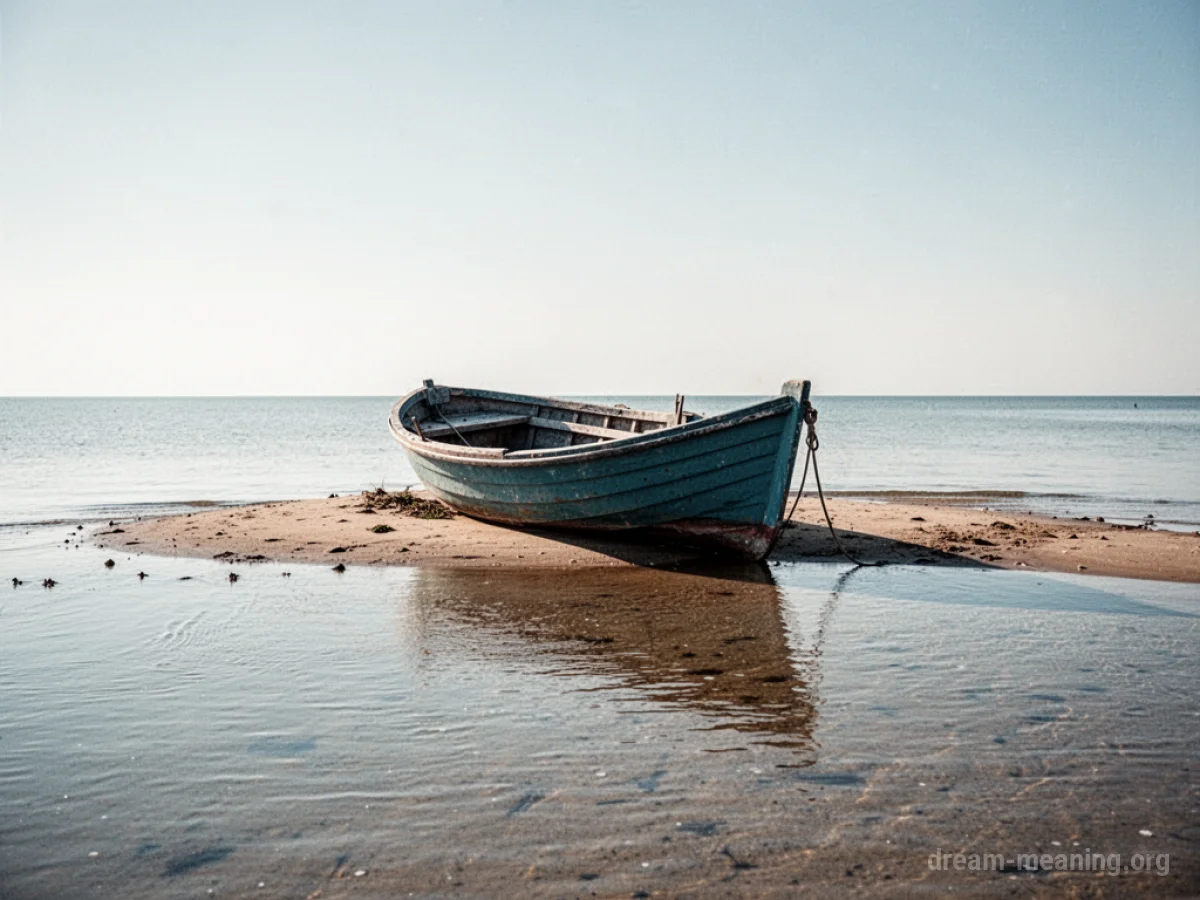 A boat resting on a shallow sandbar.