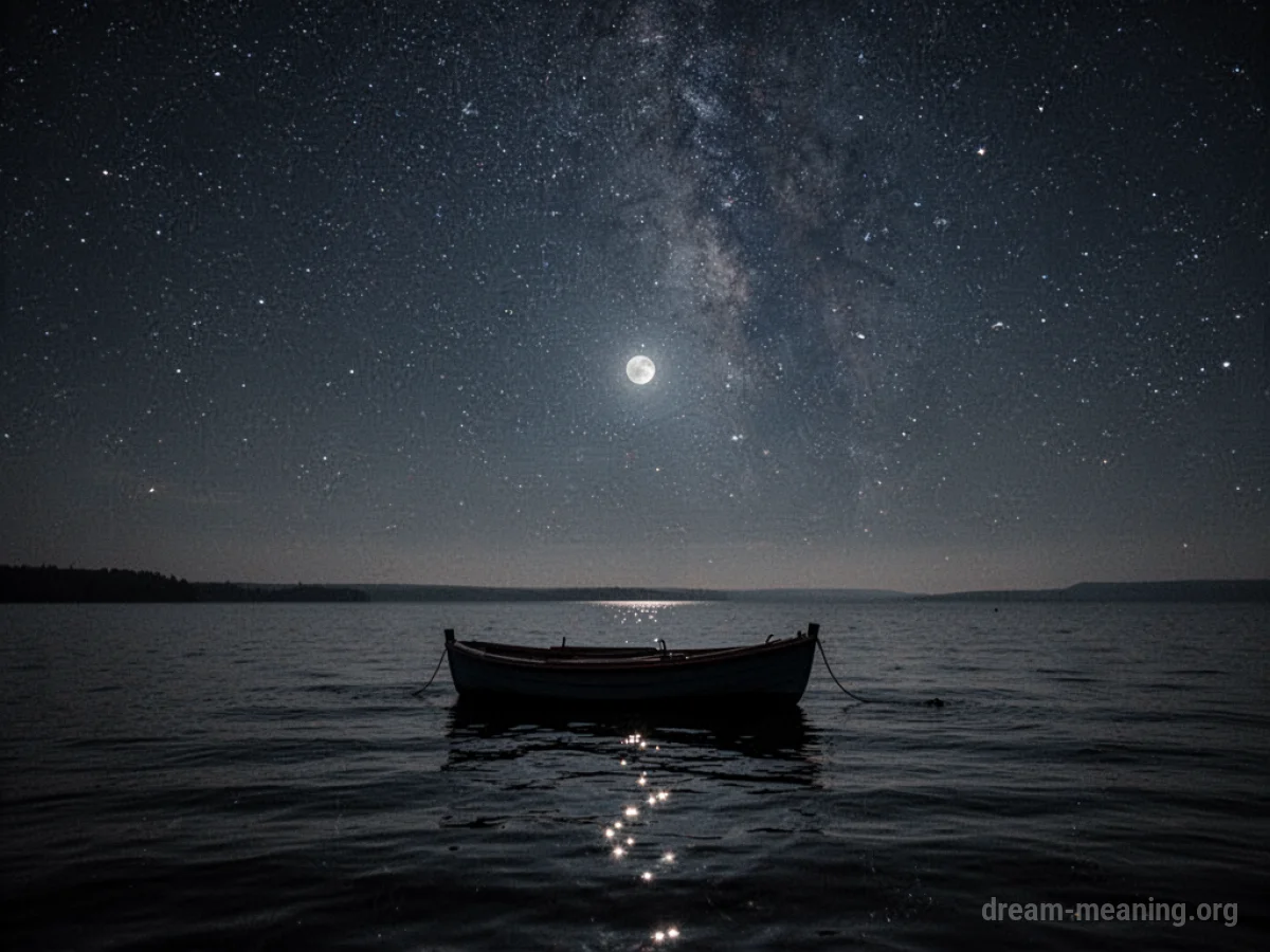 A solitary boat moving across dark water under a starry night sky.