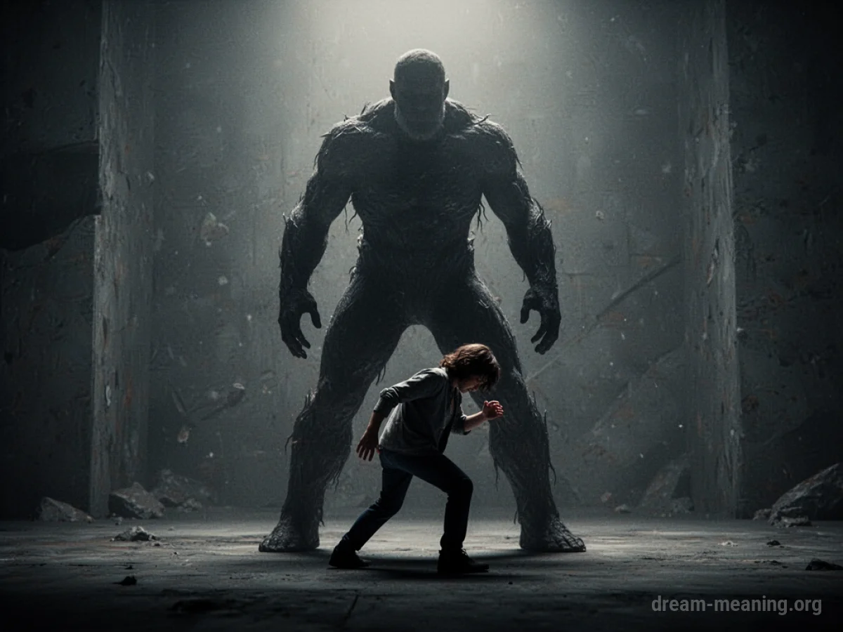 Silhouette of a large figure looming over a smaller figure.
