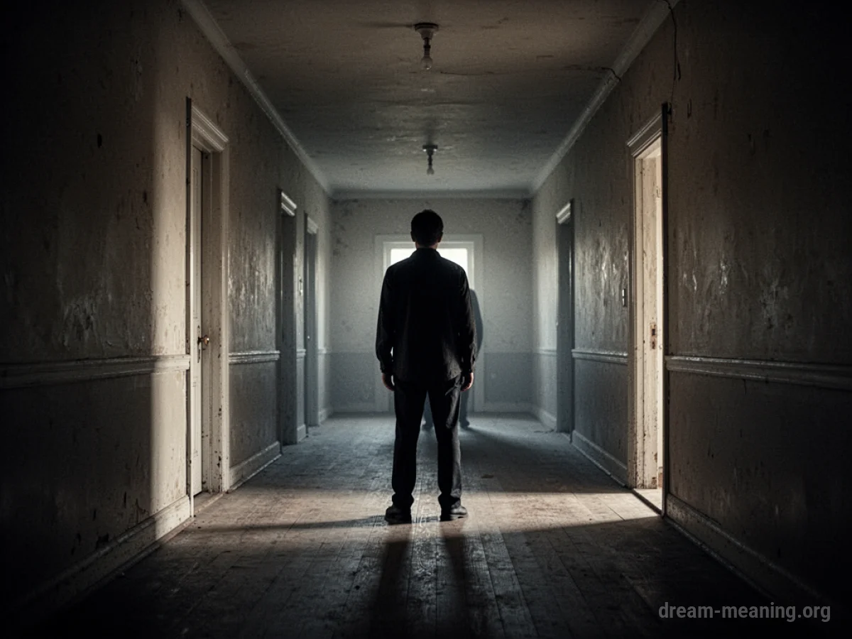 A shadowy silhouette at the end of a long, dark hallway.