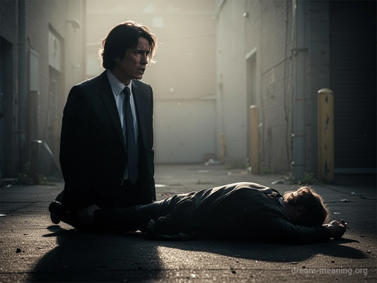 A shadowy figure lies on the ground while another figure in a suit stands nearby.