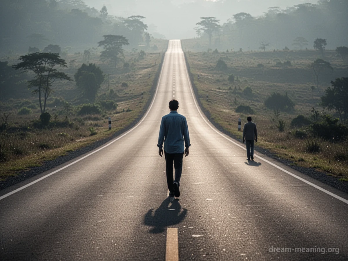 A person standing alone on a road as another figure walks away into the distance.