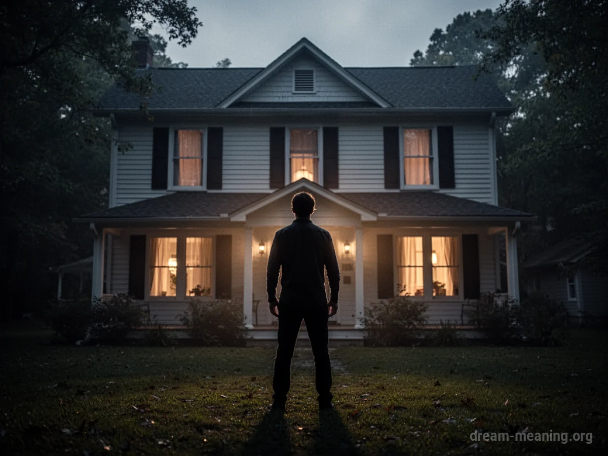 Silhouette of a person standing in front of a house.