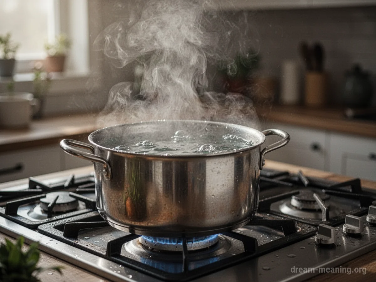 Steam billowing from a pot of water on a stove.