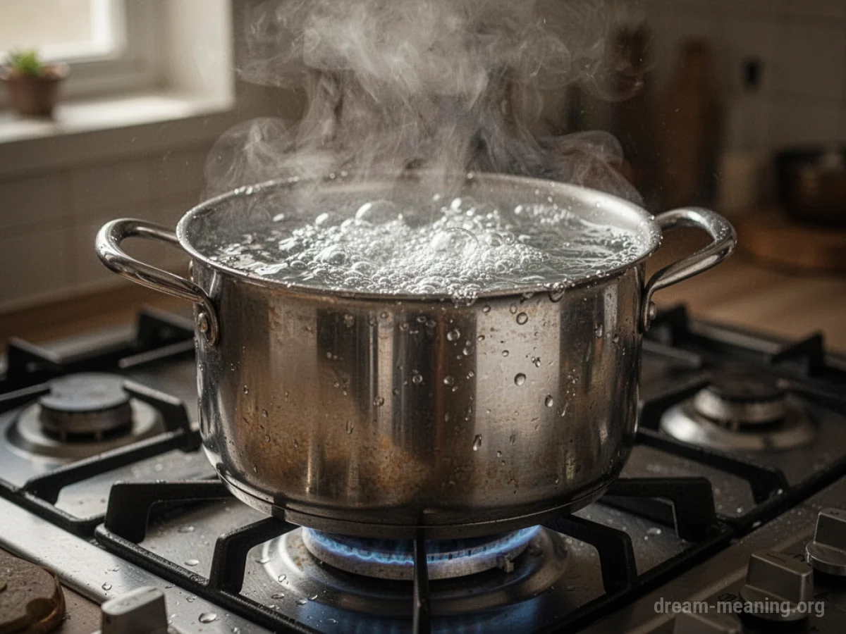 A pot of water actively boiling on a kitchen stove.