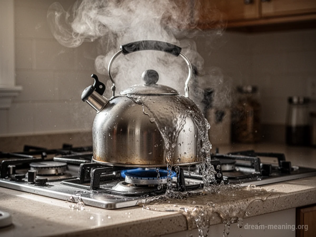 Steam rising from a kettle as boiling water spills over its edge onto a kitchen counter.