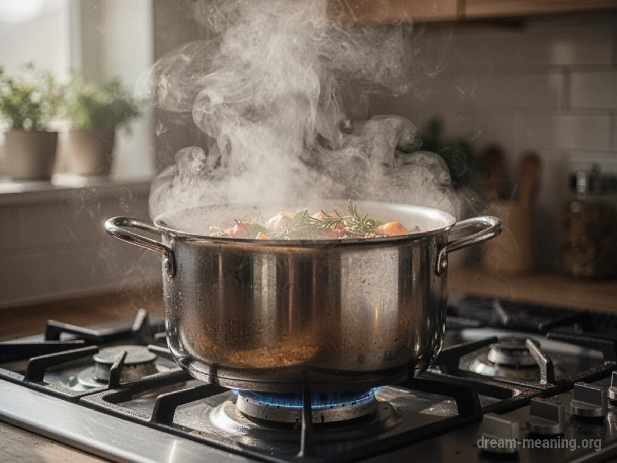 Steam rising from a pot on a stove.