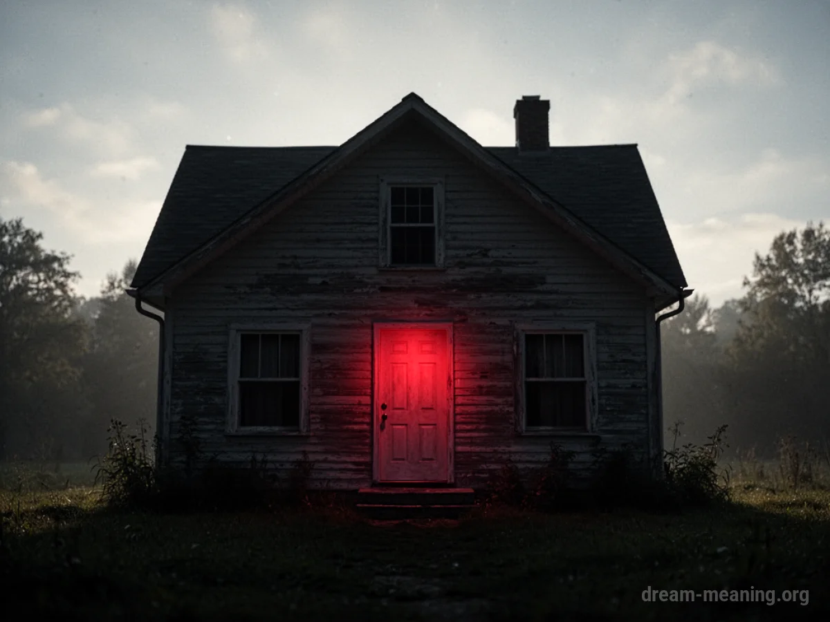A dark silhouette of a house with a faint red glow emanating from the front door.