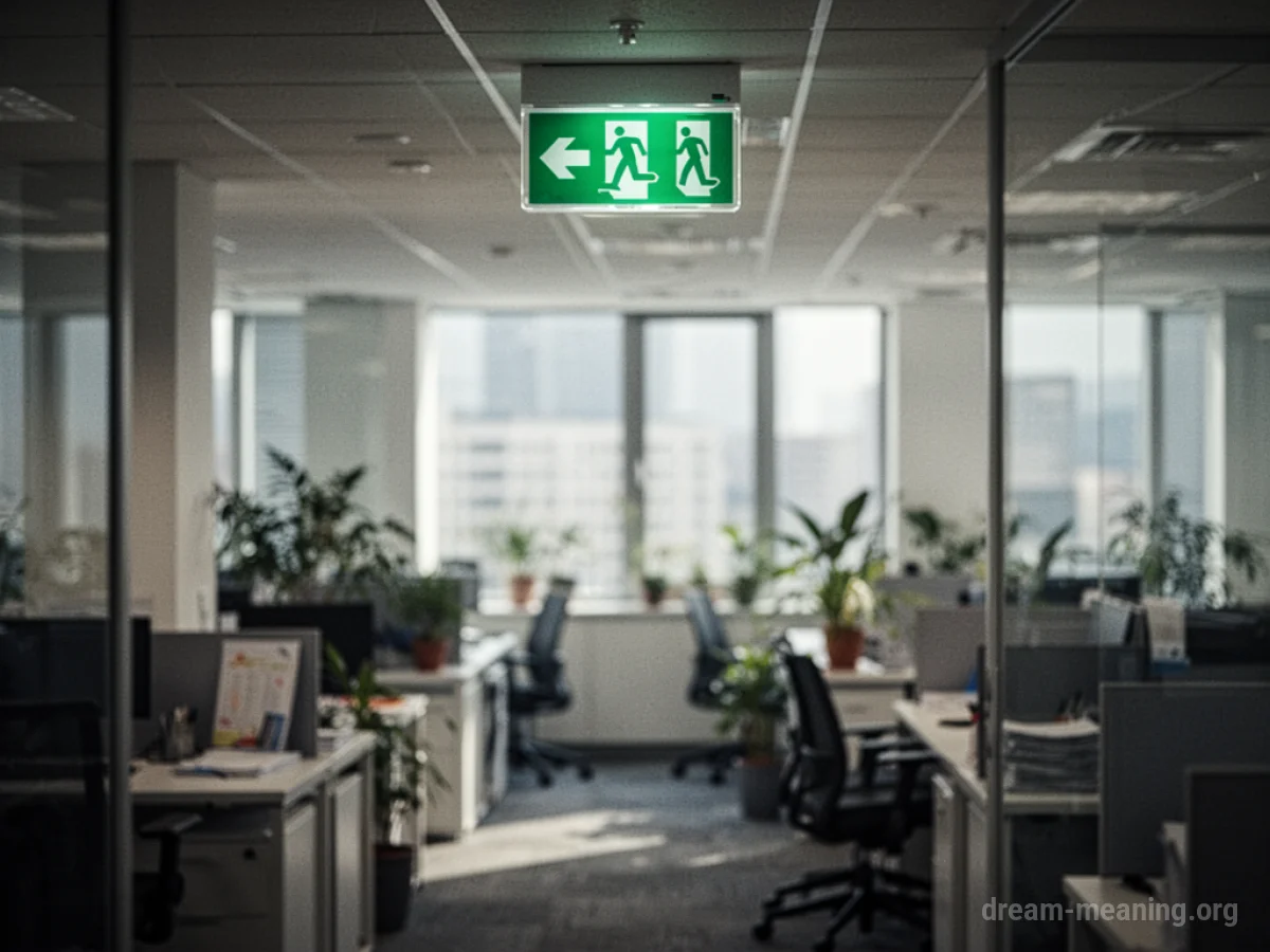 An office hallway with an illuminated emergency exit sign.