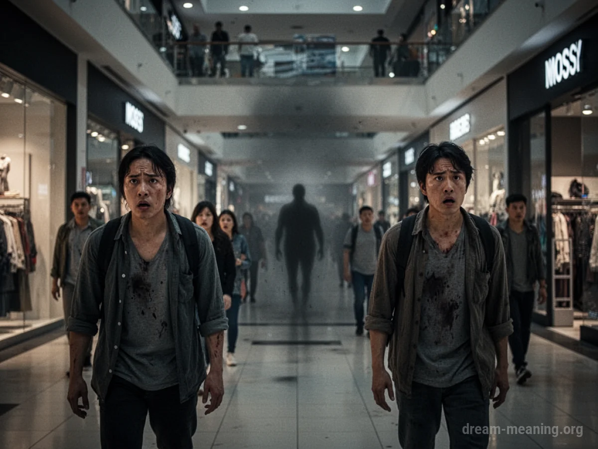 People in a shopping mall looking worried, with a subtle dark shape in the background.