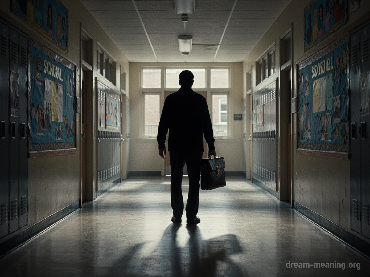 A distant, indistinct figure in a school hallway.