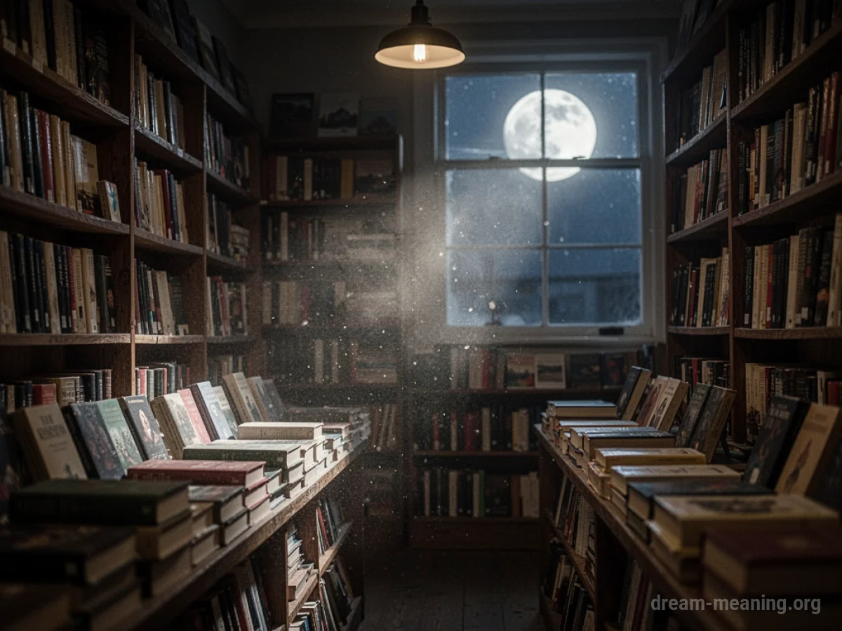 A dark interior of a bookstore with shelves of books visible.