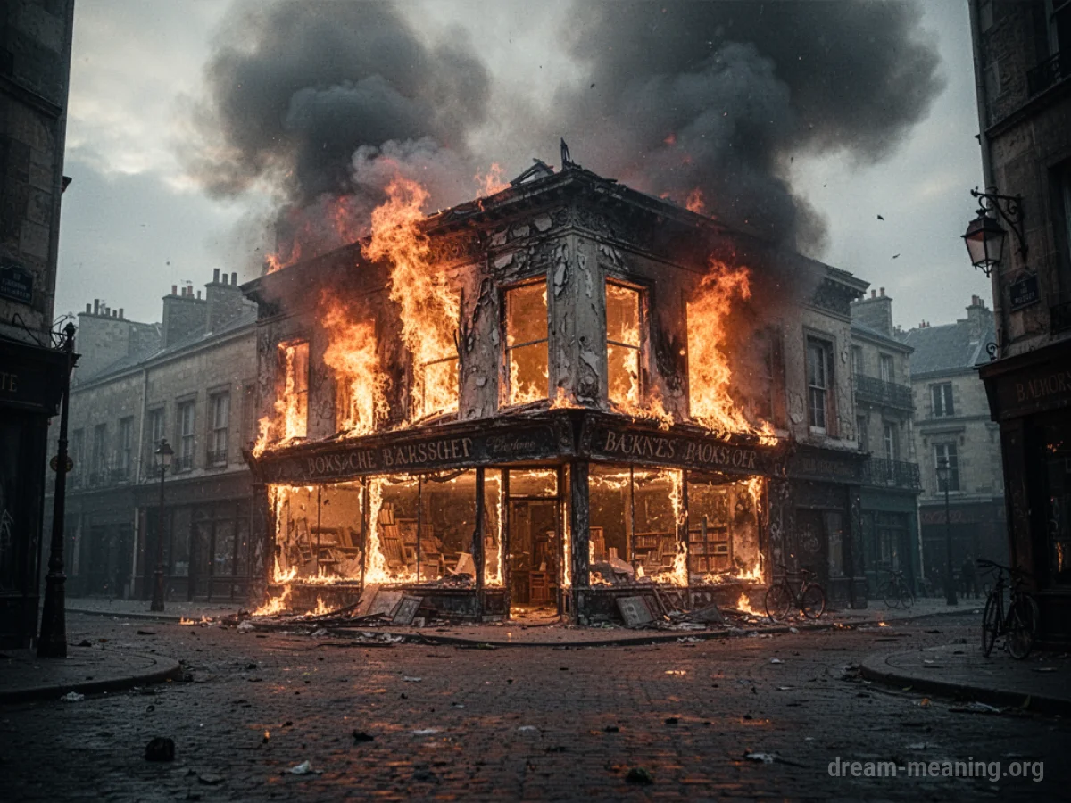 An exterior view of a large bookstore engulfed in flames.