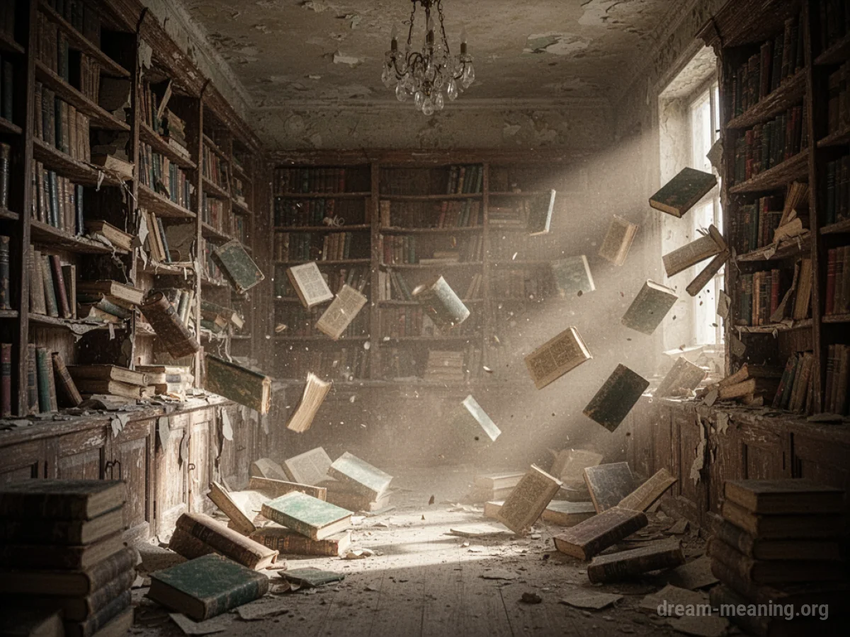A large bookstore interior with shelves breaking and books scattering.
