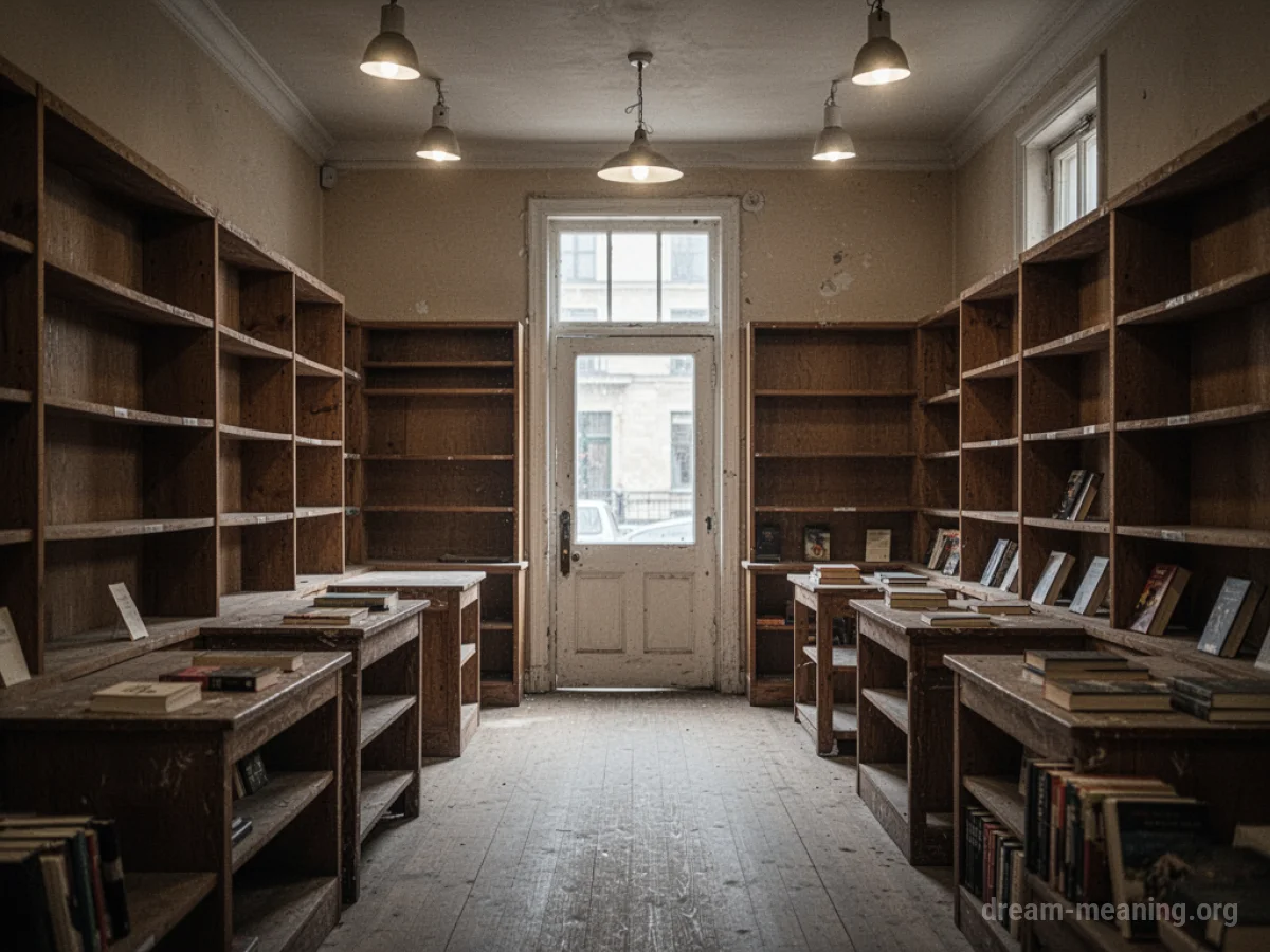 An empty interior of a bookstore with shelves devoid of books.