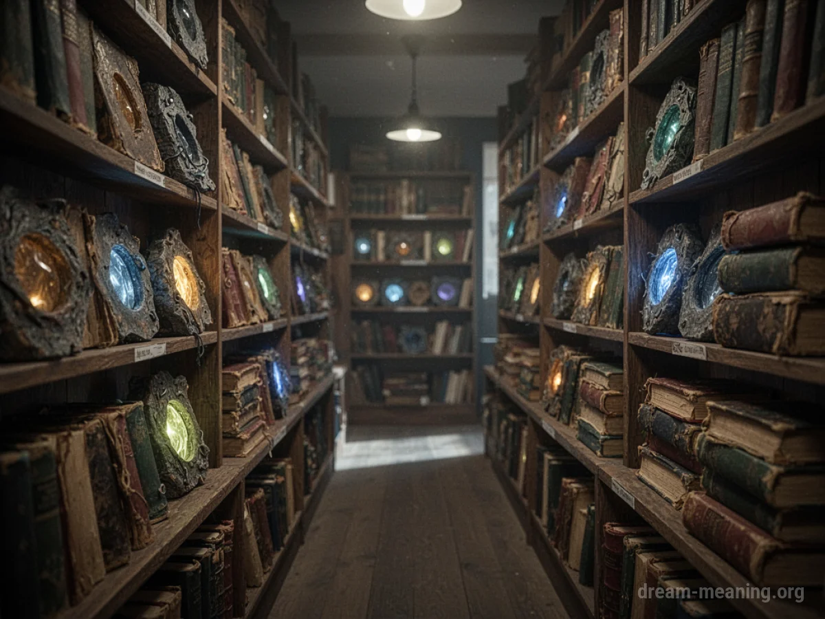 A person looking at shelves of unusually bound books in a dimly lit bookstore.