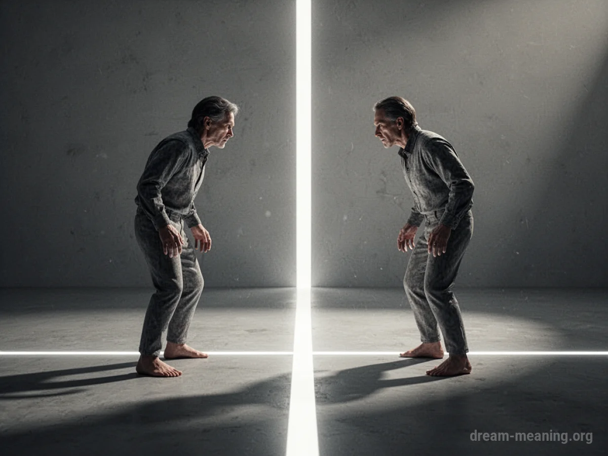 Two abstract figures facing each other across a line.