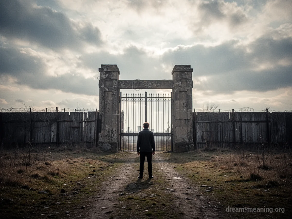 A person stands before a large, shadowed gate.