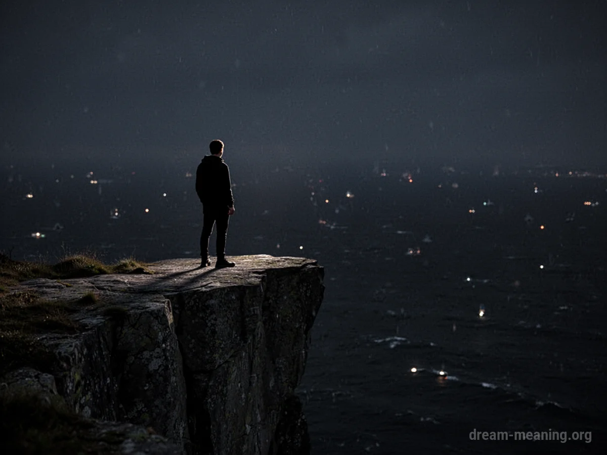 Silhouette of a person standing at a cliff edge facing darkness.