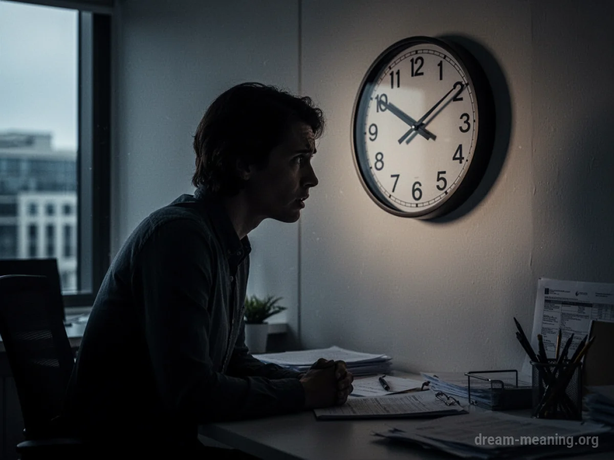 Silhouette of a person standing in a dark office looking at a large clock.