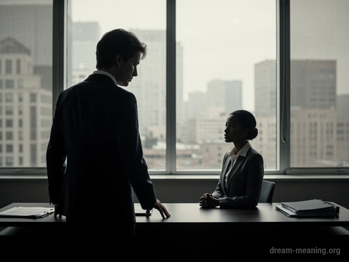 Silhouette of a boss figure standing behind a desk overlooking an employee figure.