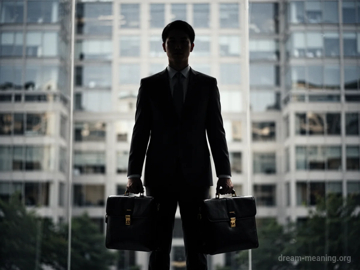 Silhouette of a person holding a briefcase in front of an office building.