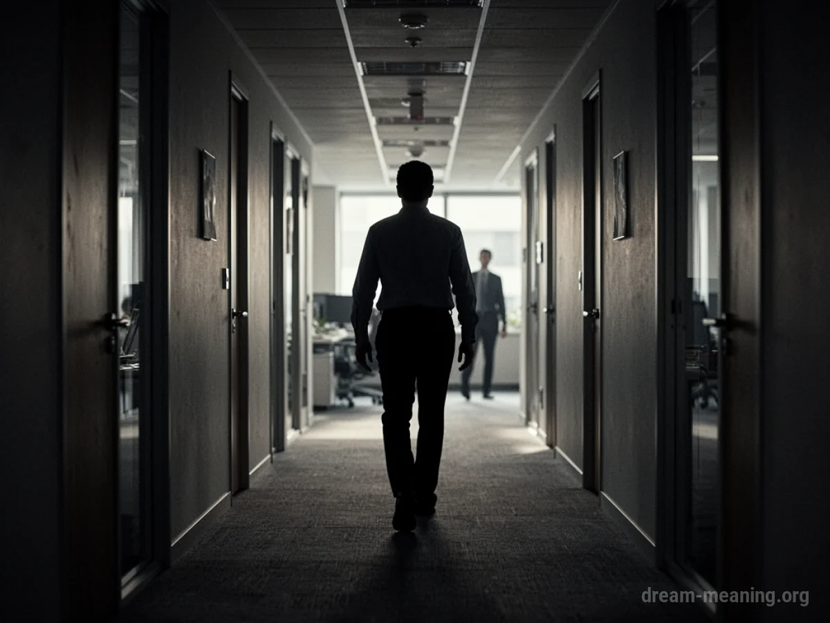 A person's silhouette walking down a hallway with another silhouette far behind.