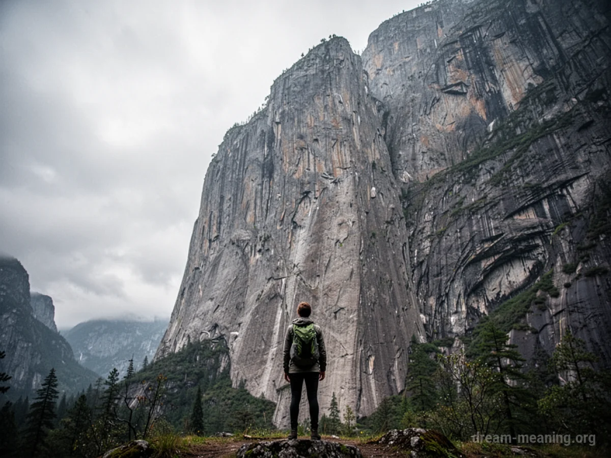 Silhouette of a person at the base of a large cliff looking up.