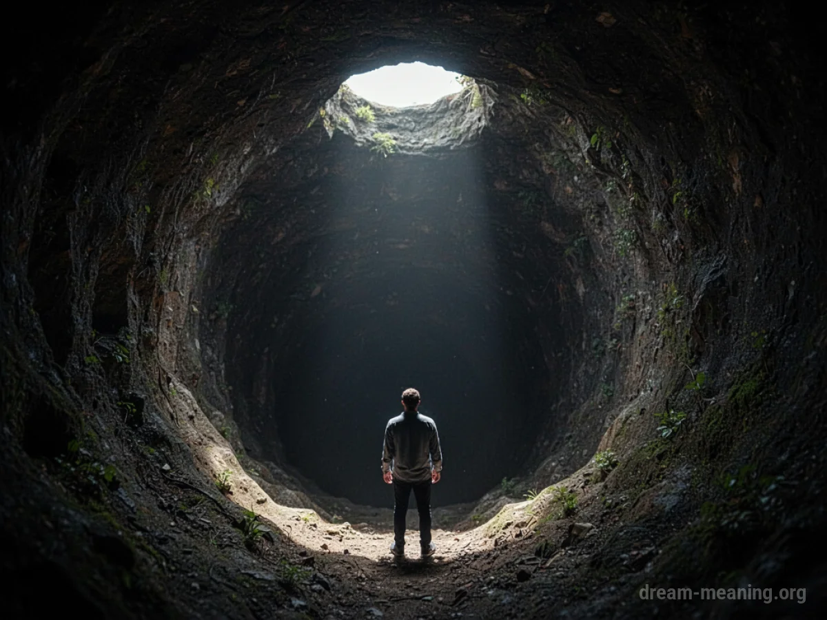 Silhouette of a person at the base of a deep, dark hole, looking up at a distant light.