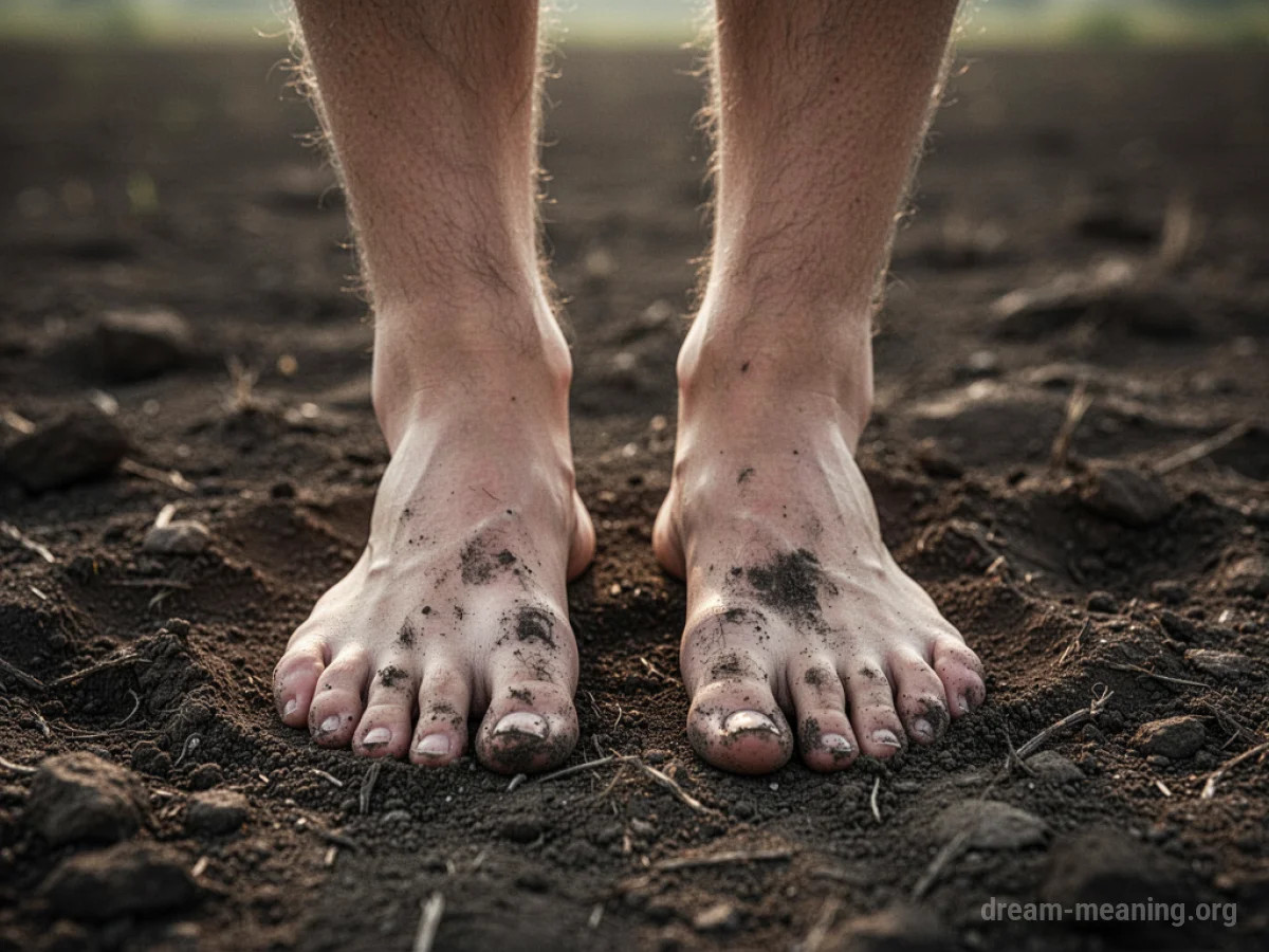 Bare feet with dirt smudges on the soles, standing on dry earth.