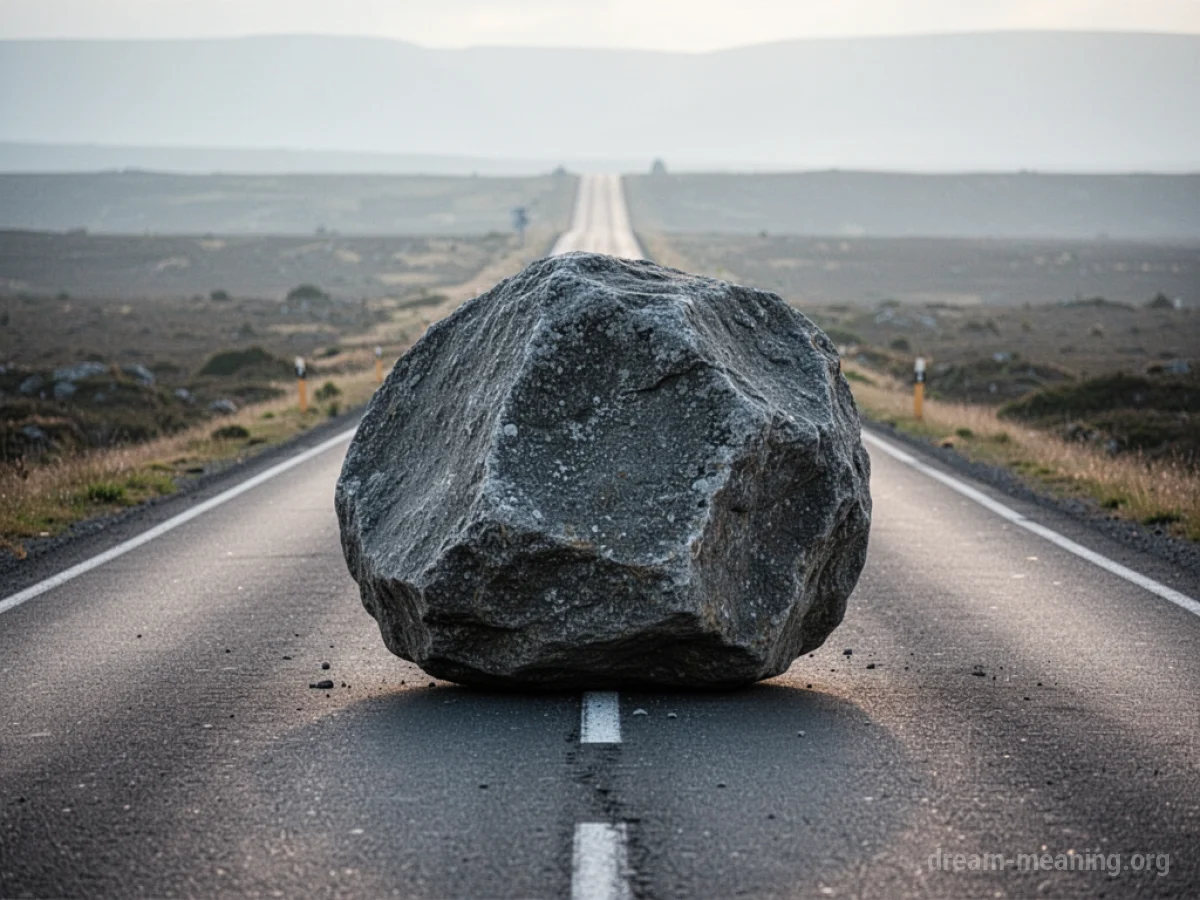 A large boulder completely obstructs a paved road.