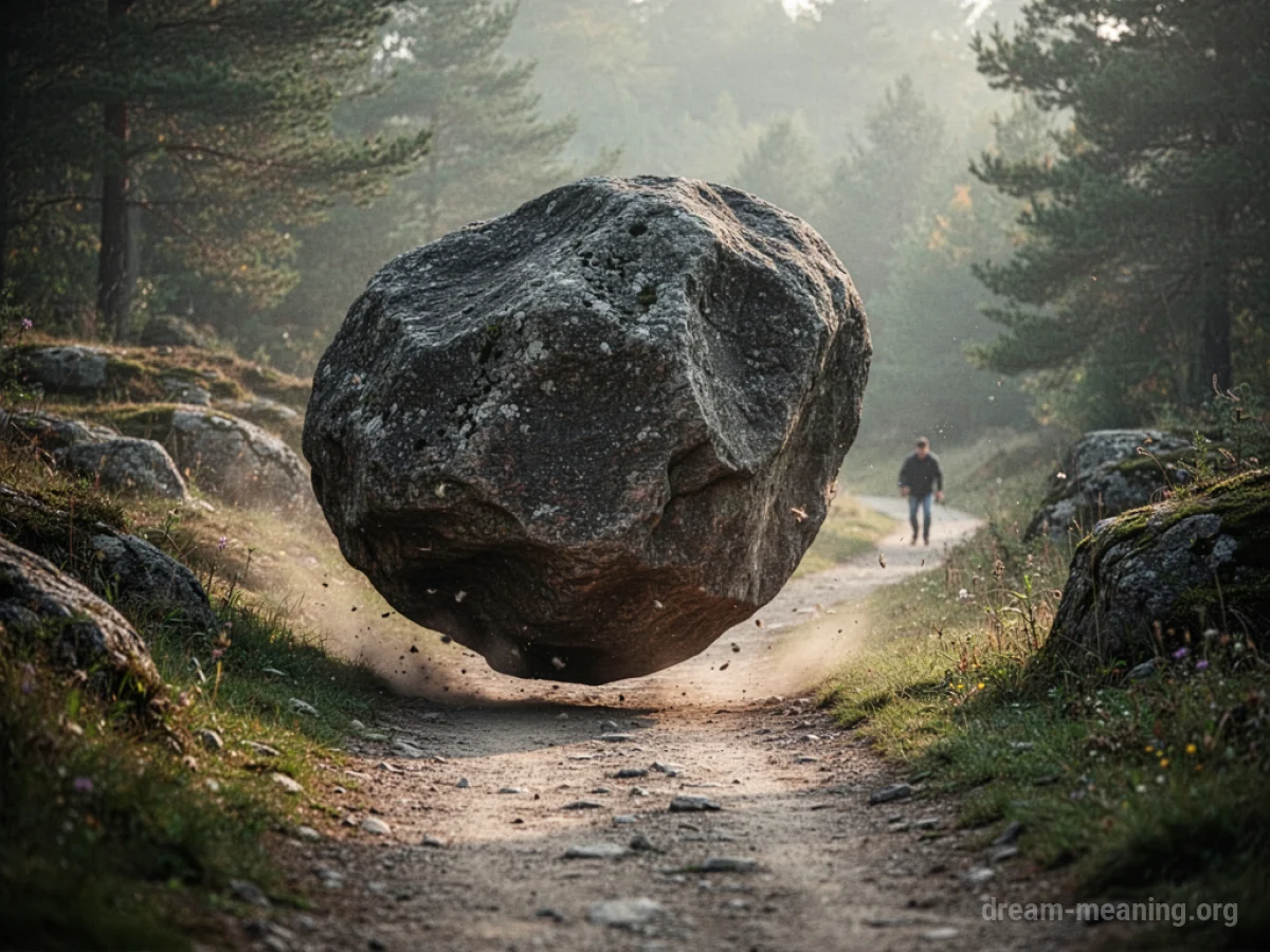 A large boulder rolling down a path towards a small silhouette.