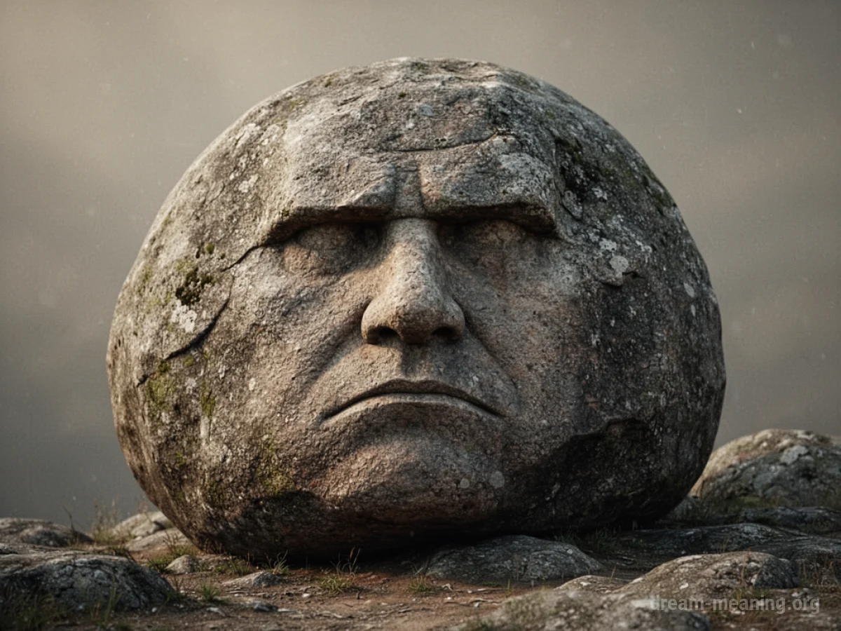 A stone boulder with a carved face.
