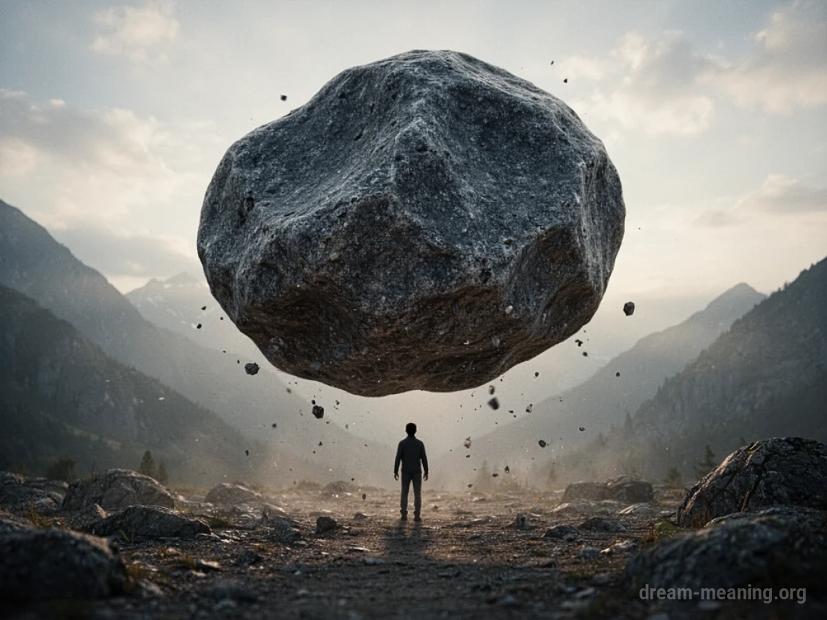 A silhouette of a person standing below a large, imposing boulder.