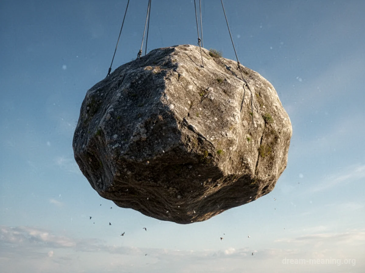 A large stone boulder hovers in the sky.