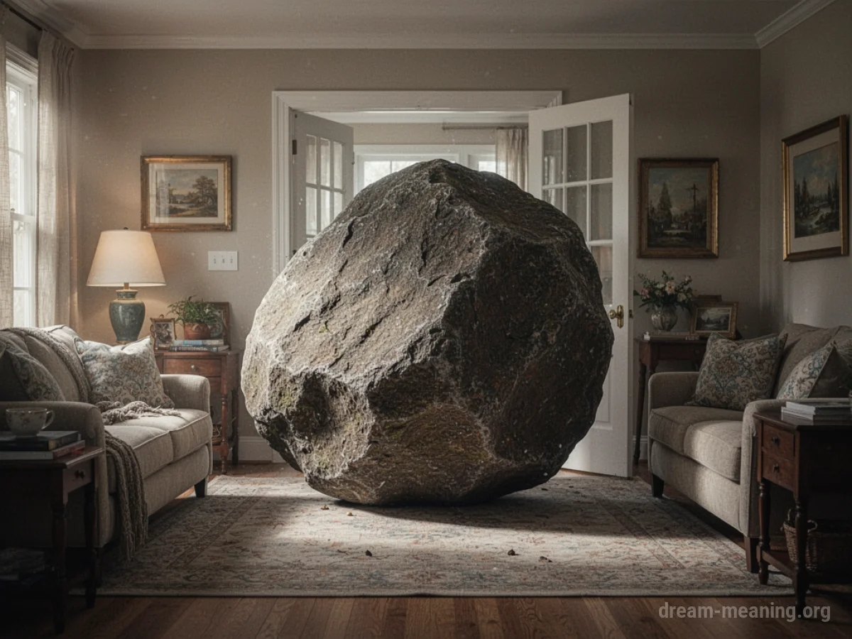 A large boulder sits in the center of a living room, obstructing a doorway.