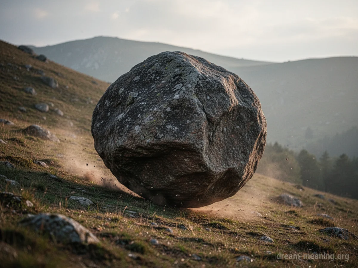 A large stone boulder rolling on its own down a grassy hill.