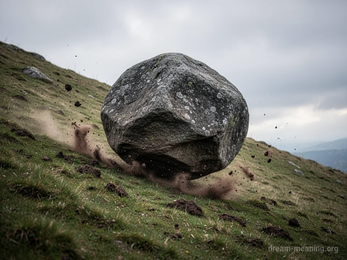 A large boulder tumbles down a grassy hill.