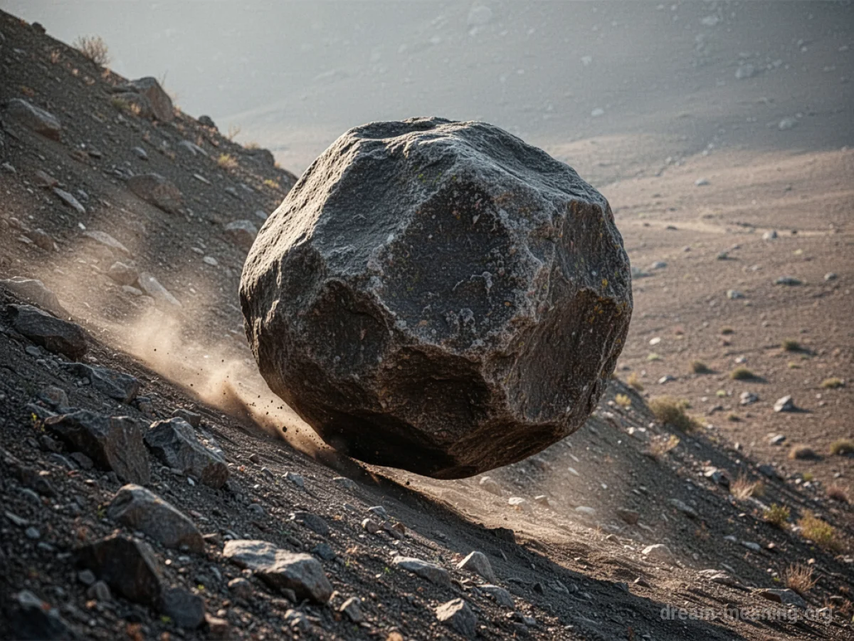 A large boulder rolling down a rocky hill.