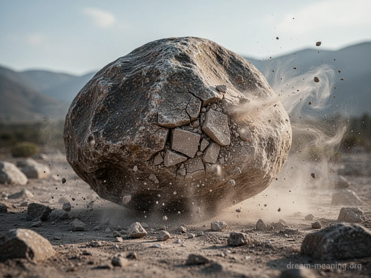 A large stone boulder breaking apart into fine particles of dust.
